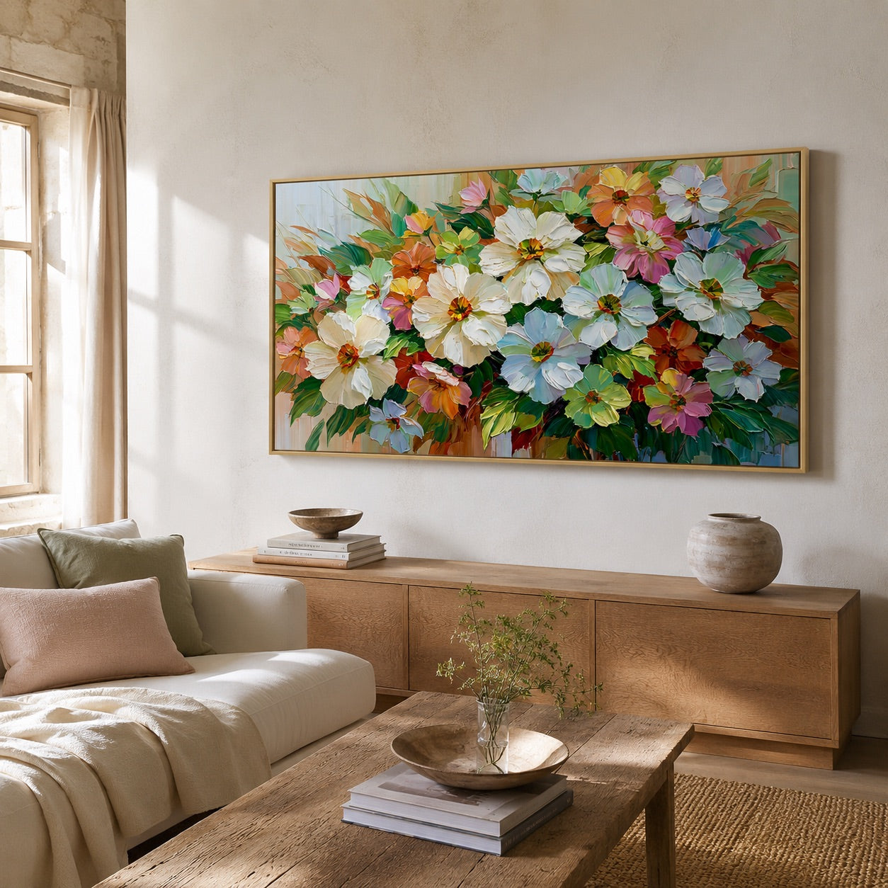 Large Hand-Painted Floral Oil Painting on Canvas, Colorful Impasto Flower Wall Art for Living Room & Dining Room