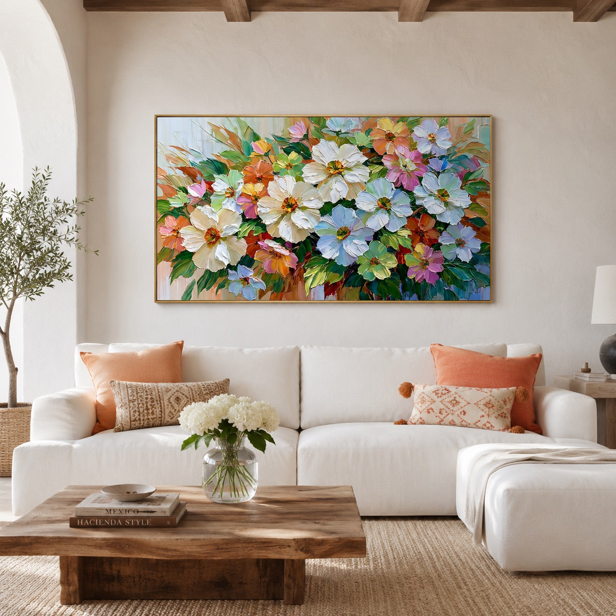 Large Hand-Painted Floral Oil Painting on Canvas, Colorful Impasto Flower Wall Art for Living Room & Dining Room
