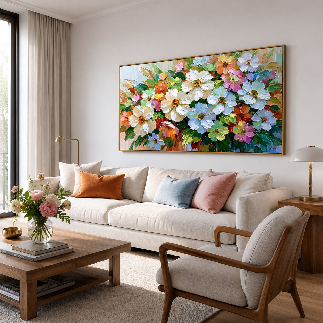Large Hand-Painted Floral Oil Painting on Canvas, Colorful Impasto Flower Wall Art for Living Room & Dining Room
