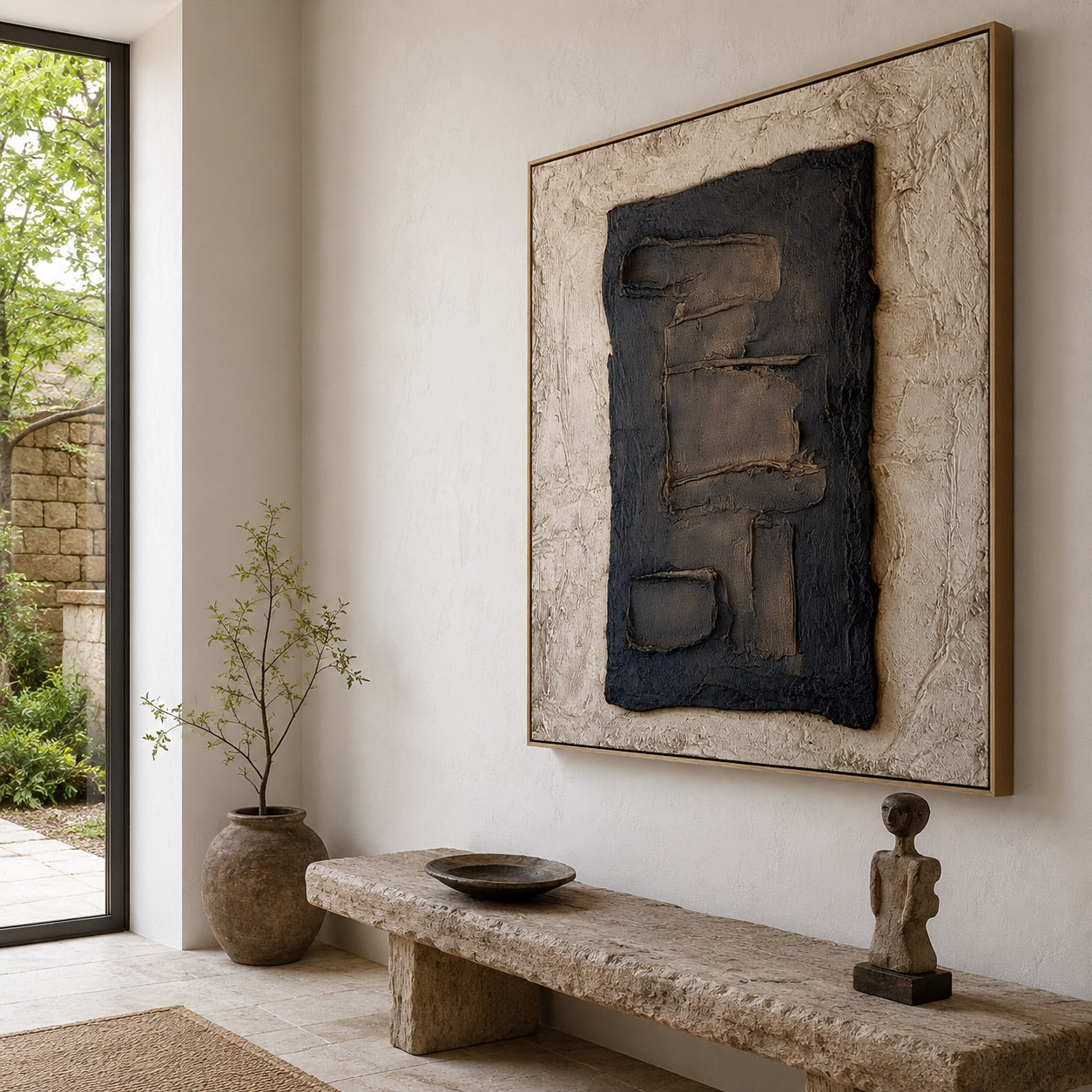 Charcoal Geometry Relief Wabi-Sabi Art